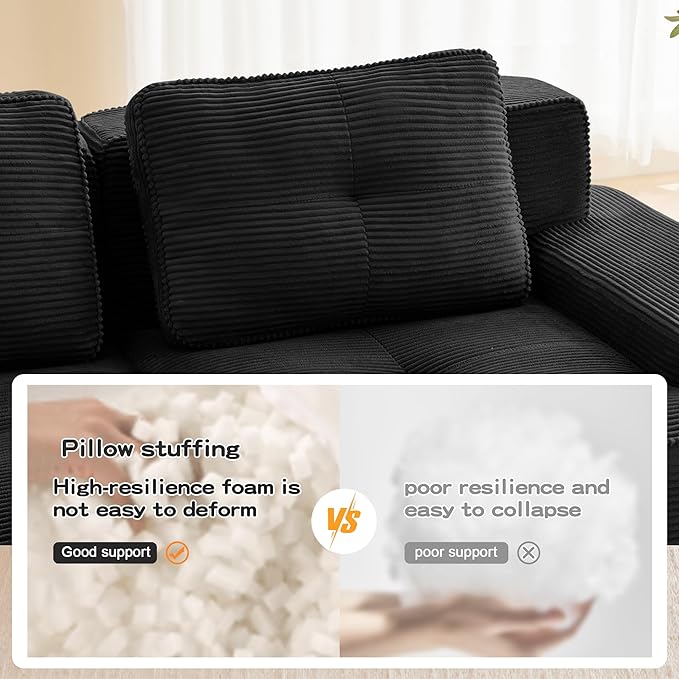 115.3'' Sectional Sofa, 32D Foam Corduroy Boneless Couch with Pillow, Deep Seat Wide Arm Sectional Couch for Apartment, Living Room, Bedroom