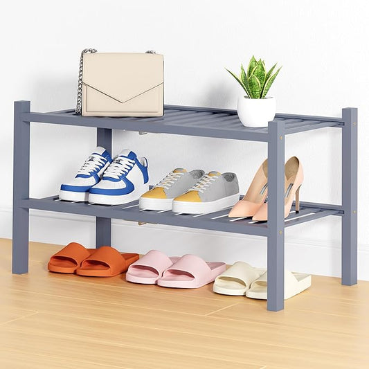 Smiry Shoe Rack, 2 Tier Thick Bamboo Shoe Organizer, Stackable Free Standing Wooden Shoe Storage Shelf for Closet, Entryway, Front Door Entrance, Grey