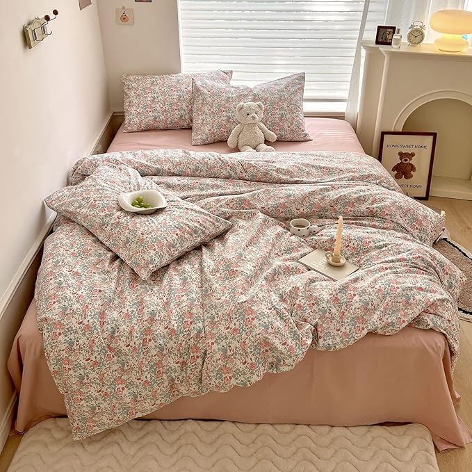 LIFETB Boho Floral Duvet Cover King Soft Cotton Aesthetic Bedding Sets French Style Pink Blue Flower Branches Chic Shabby Garden Comforter Botanical Size King(104/ inchsx90/ inchs)