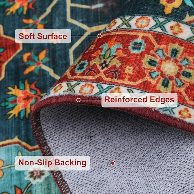 WILLSUN Washable Area Rugs, 2x6 Non-Slip Boho Area Rugs for Kitchen, Living Room, Bedroom, Machine Washable Vintage Rug, Indoor Floral Print Carpet for Home Decor, Kid & Pet Friendly Mat
