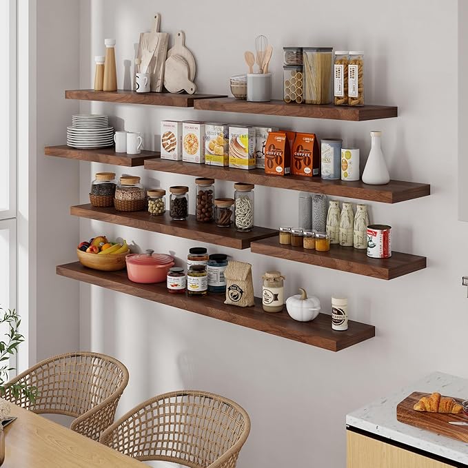 Fun Memories 55 Inch Floating Shelves for Wall, 55x9.3 Large Floating Shelf for Bedroom, Kitchen, Bathroom, Wall Mounted Rustic Wood Shelves with Invisible Bracket for Books, Decor, Walnut