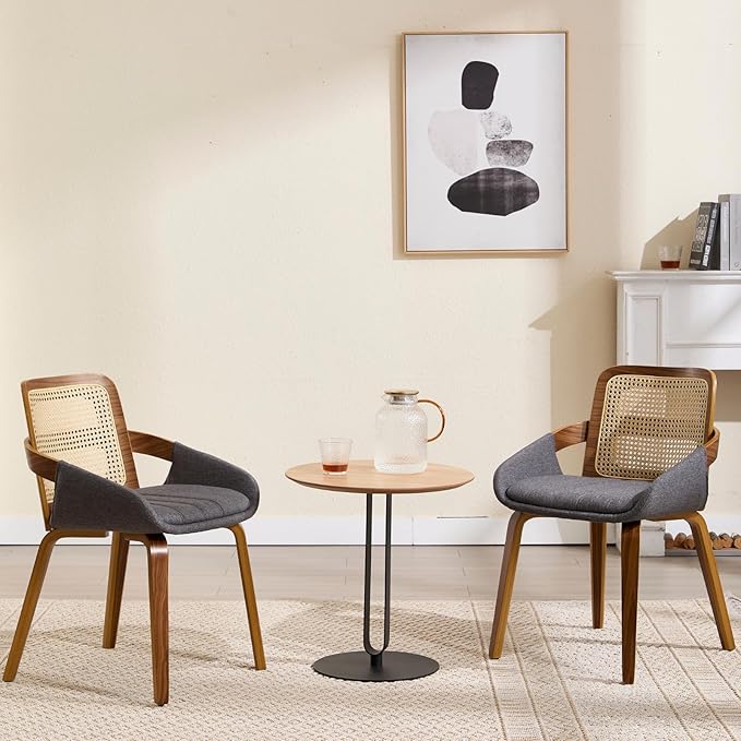 DUOMAY Modern Linen Dining Chairs Set of 4, Cane Back Room Chairs with Solid Wood Legs Kitchen Chairs for Living Room, Restaurant, Grey