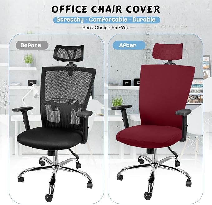 Lounsweer 3 Pieces Office Chair Cover Rolling Desk Chair Cover Gaming Covers Stretch Washable Protector Pets Slipcovers for Swivel Armchair Boss(Classic,Wine Red)