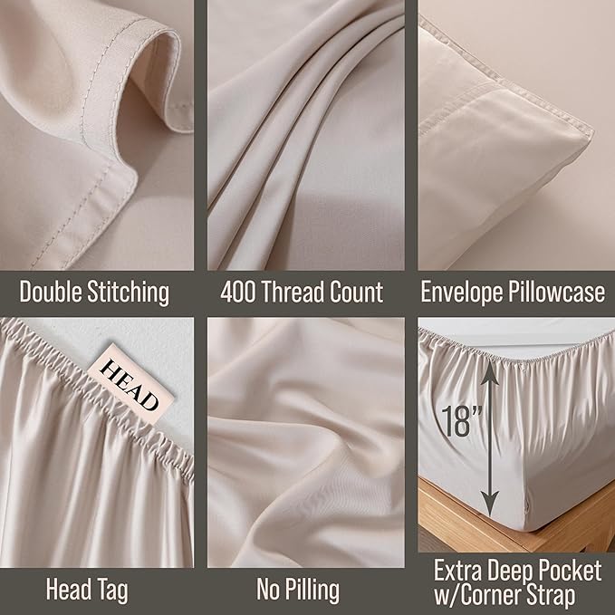 Bella Coterie 7 Piece Luxury Bamboo Viscose Split King Size Sheet Set | 2 Fitted Sheets for Adjustable Beds | 100% Organically Grown | Cooling for Hot Sleepers | 4 Pillowcases [Dune]