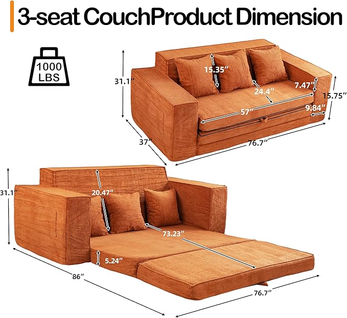 HOMREST Convertible Memory Foam 3-seat Sofa & Loveseat, Pull Out Sleeper Sofa Bed, 2 in 1 Folding Couch Bed, Fold Out Floor Couch Corduroy Fabric with Pillows for Living Room Bedroom Lounge(Brown)