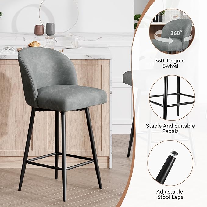 Counter Height Bar Stools Set of 4,360° Swivel Barstools with High Back and Metal Legs,26" Seat Height, Upholstered PU Leather Bar Chairs for Kitchen Island, Dining Room,Cafes,Grey