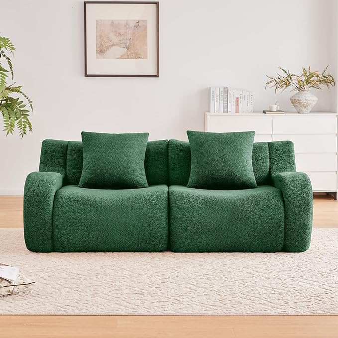 Green Cloud Couch Loveseat, Modern Teddy Fabric Boneless Sectional Sofa in a Box for Living Room, Modular Floor Couch, No Assembly Required, Sofas para Sala