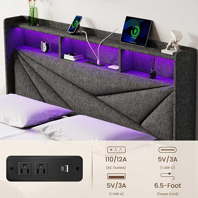 LED Queen Bed Frame with 2 Storage Drawers, Upholstered Bed Frame Queen Size with Headboard and Charging Station, No Box Spring Needed, Easy to Assembly-Dark Grey