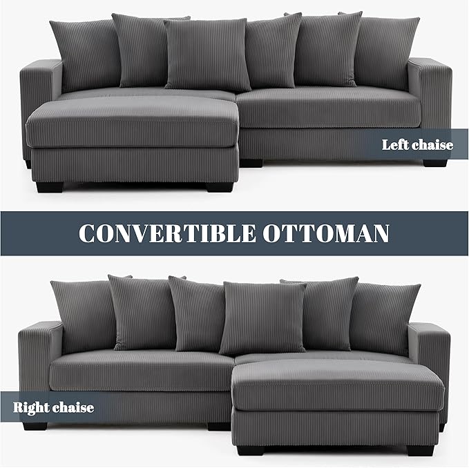 101.6" Deep Seat Modular Sectional Sofa, Thickened Corduroy Sectional Couches for Living Room, Comfy L-Shaped Upholstered Cloud Couch with Chaise, Widened Armrests for 4 People, Dark Grey