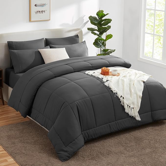 CozyLux Full Size Comforter Sets Dark Grey, 7 Pieces Bed in a Bag, Dark Grey Comforter Full Size, All Season Bedding Sets with Stitch Quilted Comforter, Flat Sheet, Fitted Sheet, Pillowcases