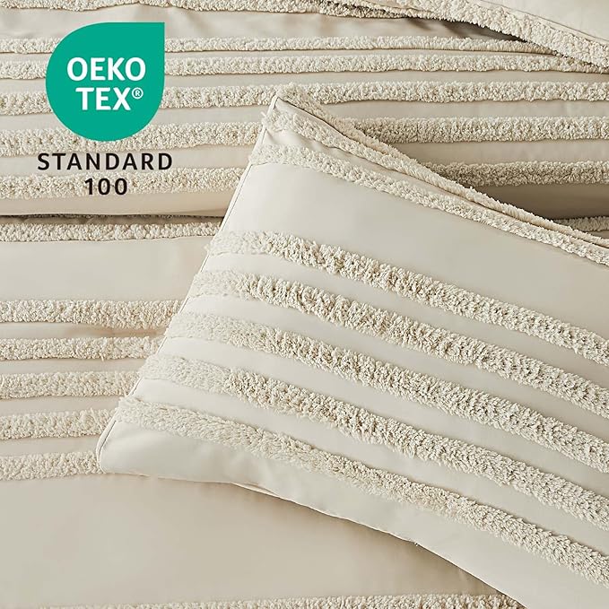 BEDELITE Boho Twin/Twin XL Comforter Set，Beige Tufted Striped Bed Set 2 Pieces, Soft Vintage Farmhouse Comforter for College, Boho Home Dorm Decor, Fluffy Jacquard Bedding with 1 Pillow Sham