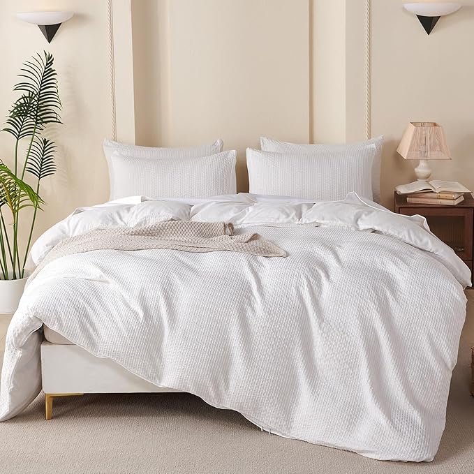 Queen Comforter Set Striped White - Soft Luxury Washed Microfiber Jacquard 3 Pieces Bedding Set for All-Season with 2 Pillowcases, Breathable Durable Comfy