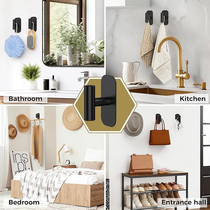 Adhesive Towel Hooks for Shower,Waterproof Heavy Duty Bathroom Hooks,Wall Mounted Sticky Hangers for Coats/Aprons/Robes,No Drilling(Black,4 Pack)