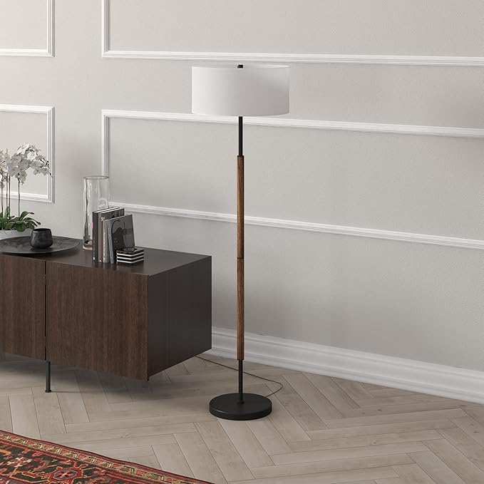 Henn&Hart 2-Light Floor Lamp with Fabric Shade in Blackened Bronze/Rustic Oak/White, Floor Lamp for Home Office, Bedroom, Living Room, 61" Tall