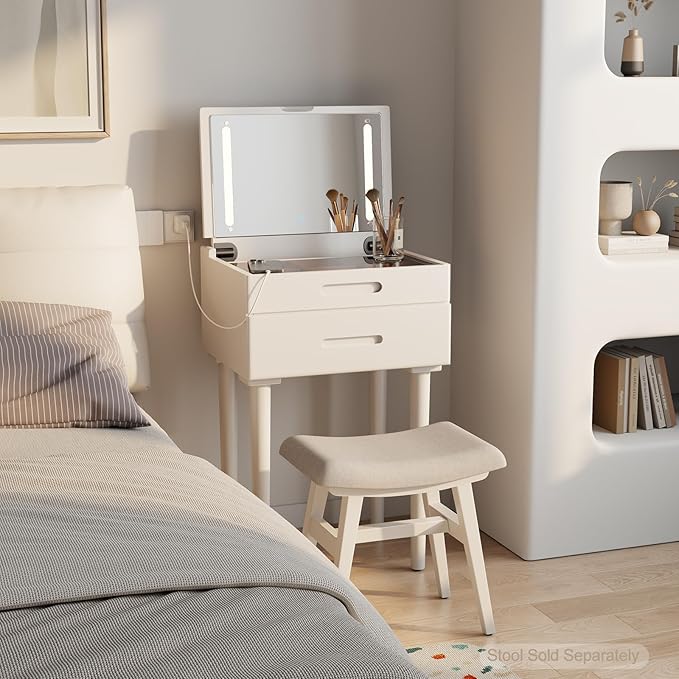 Solid Wood Small Vanity Desk with Mirror and Lights, Narrow Makeup Vanity for Small Space, Flip Top Vanity Side Table, 3 Color Modes & Adjustable Brightness, 19.6" Slim Dressing Table, White