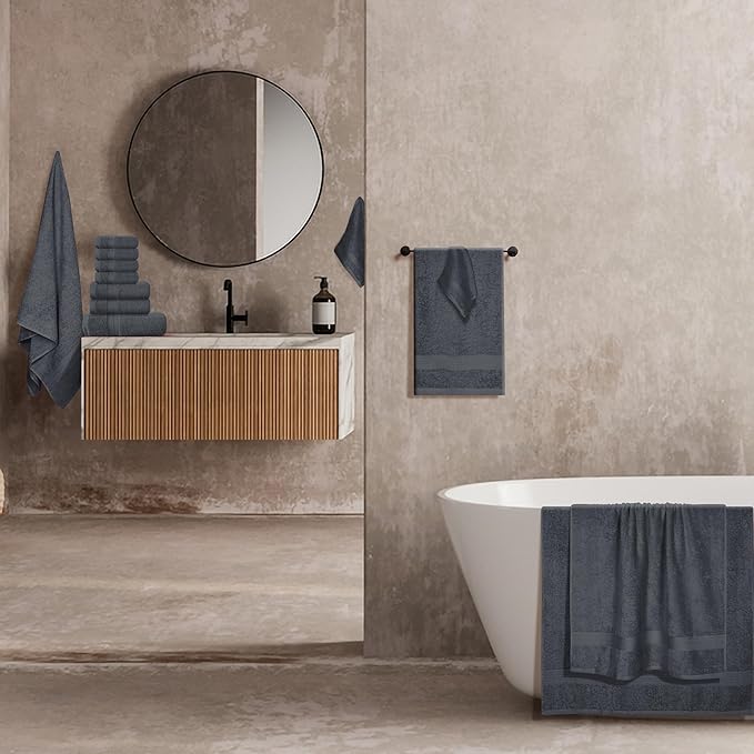 BOUTIQUO 24 Pack Cotton Towel Set, Contains 6 Bath Towels 27x54 inch, 6 Hand Towels 16x24 inch & 12 Wash Coths 12x12 inch, Ideal Everyday use, Ultra Soft Compact & Lightweight - Charcoal Grey