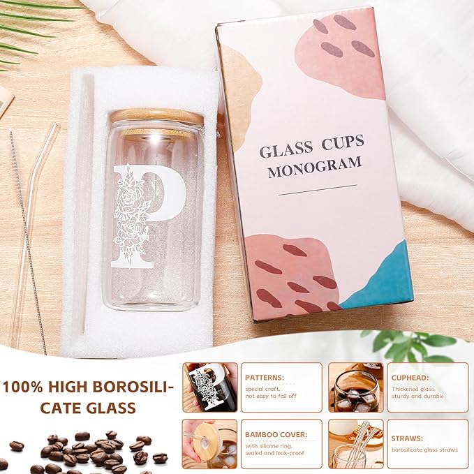 DWTS DANWEITESI Birthday Gifts for Women: Initial Glass Cup as Office Graduation Memorial Holiday Personalized Gifts - for Husband Aunt Uncle Teen Boy Employee Coworkers Him and Her - P Aesthetic Cup