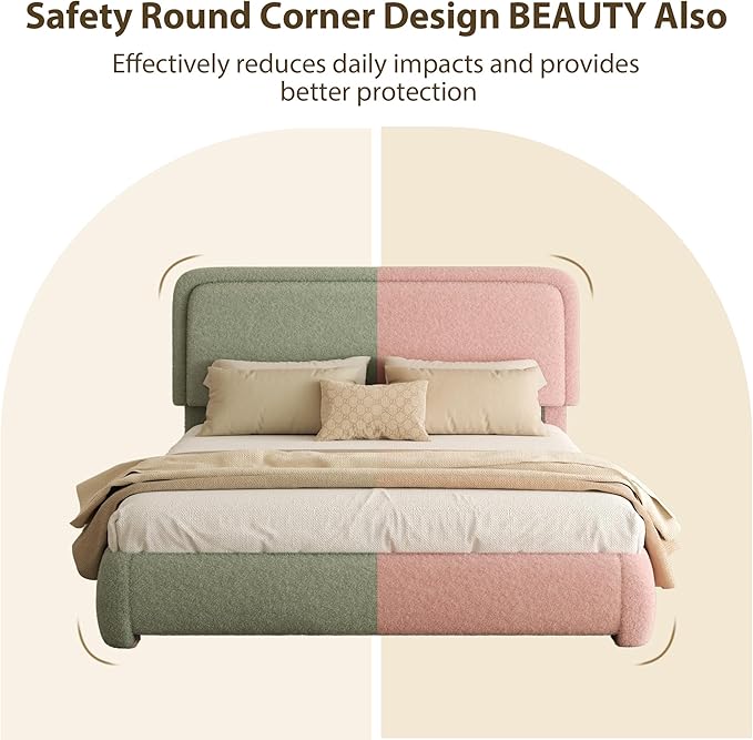 Queen Bed Frame, Teddy Velvet Boucle Bed Frame with 43.3"/45.3" Adjustable Upholstered Headboard, Rounded Corners, Mattress Foundation, No Box Spring Required, Pink