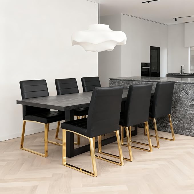 Modern Dining Chairs Set of 6, White Faux Leather Kitchen Chairs, Upholstered Armless Dining Room Chair with Gold Mental Legs Heavy Duty, Comfortable (Black and Gold, Set of 6)