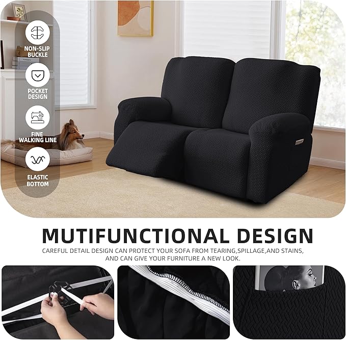 Genina Recliner Loveseat Covers, Stretch Reclining Sofa Covers, 2 Seater Couch Cushion Stripe Jacquard Recliner Slipcovers - Furniture Protector Covers for Pet Kid (Black)