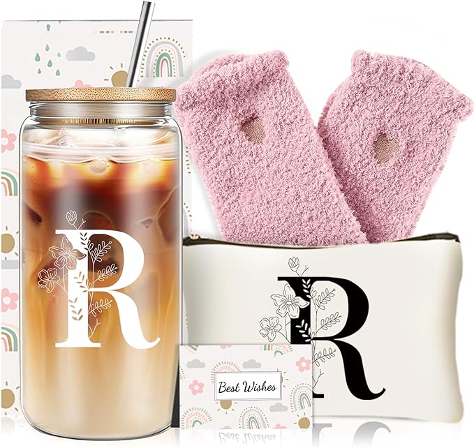 Unique Initial Glass Cup with Lids and Straws, Monogrammed Gifts Box Included Makeup Bag, Christmas Birthday Gifts for Women Mom Sister Grandma, R