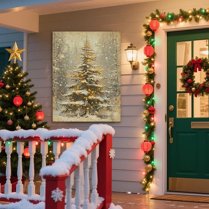 Framed Christmas Pictures Wall Decor,Vintage Pine Tree Prints,Winter Christmas Canvas Wall Art Decoration for Bedroom Bathroom Living Room Rustic Xmas Holiday Gifts (Christmas Tree 2, 16'' X 20'')