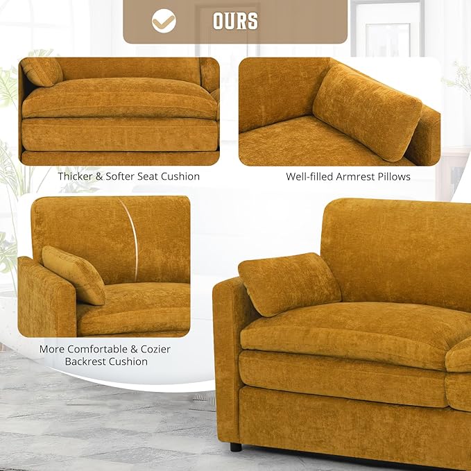 69" Chenille 2 Seats Sofa with 2 Pillows, Modern Upholstered Sofa with Deeper Seats, Comfy Sofa with Thickened Cushions for Living Room, Apartment, Yellow