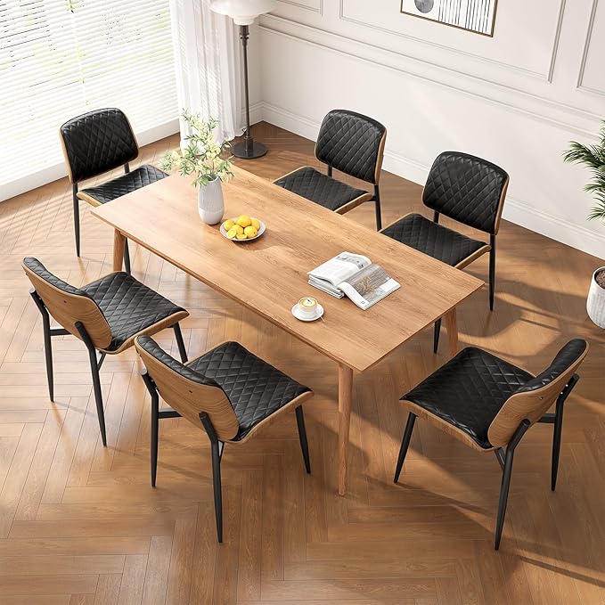 Dining Chairs Set of 4, Mid-Century Modern Upholstered PU Leather Chairs with Walnut Back and Metal Legs Adjustable Feet for Kitchen Dining Room, Black Diamond Plaid