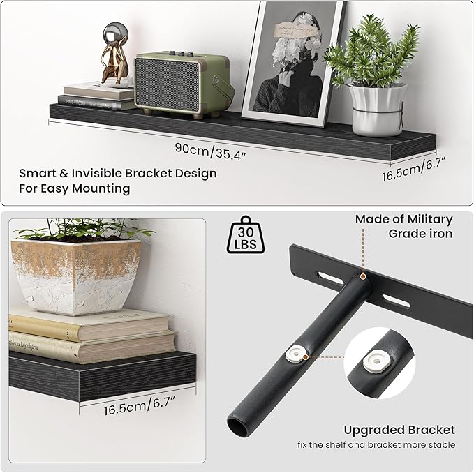 Heimlove 36 Inch Floating Shelves for Wall,Mounted Storage & Display Wood Shelves with Invisible Brackets,Hanging Shelf for Bedroom Living Room Kitchen Office,Set of 2,Black