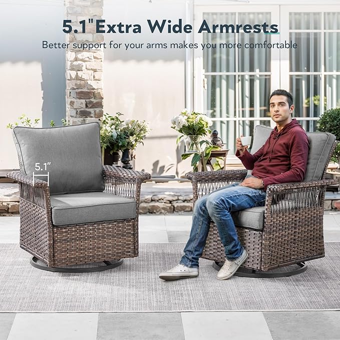 6 Pieces Wicker Patio Furniture Set - Hollow Widen Armrests Outdoor Swivel Glider Chairs and 3 Seat Sofa with Coffee Table & Ottomans for Balcony Porch Deck and Yard - Brown/Gray