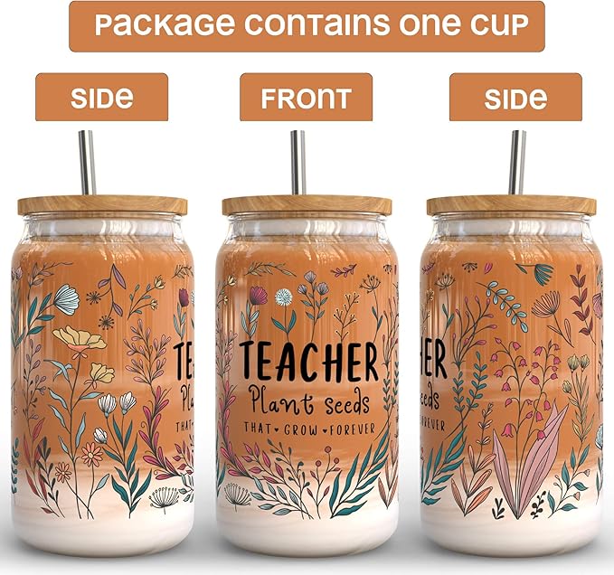 Fancyfams 16 oz Glass Teacher Cup with Bamboo Lid, and Straw, Birthday, Teacher Appreciation Gifts for Women, Iced Coffee Can Shaped Cup Jar Tumbler (Plant Seeds)