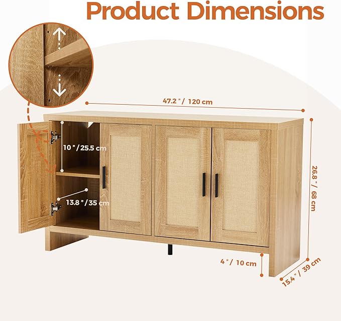 Mericonia Rattan Buffet Cabinet with Storage, Sideboard Cabinet with Doors and Adjustable Shelves, Farmhouse Coffee Bar Station Table, Modern Wood Cupboard for Kitchen, Livingroom and Dining Room