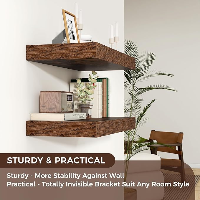 Floating Shelves for Wall, 24 Inch Wide x 12 Inch Deep Floating Shelves, Long Wood Floating Wall Shelf Shelves for Living Room Bathroom Bedroom Kitchen Home - (Brown, 24" W x 12" D x 2" H)