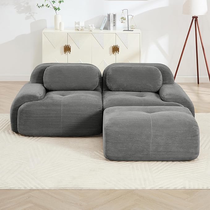 80" Modern Corduroy Boneless Love Seat Couches with 1 Ottoman, 2 Seater Large Sectional Couches for Living Room, Gray Cloud Modular Sectional Sofa, Memory Foam, Extra Deep Loveseat, No Assembly