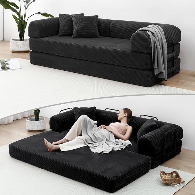 Compression Sofa - 79'' Convertible Sofa Bed, Boneless Couch in a Box, Modular Corduroy Foldable Sleeper Sofa with 2 Pillows, Loveseat Couches for Living Room (Corduroy Fabric, Black)
