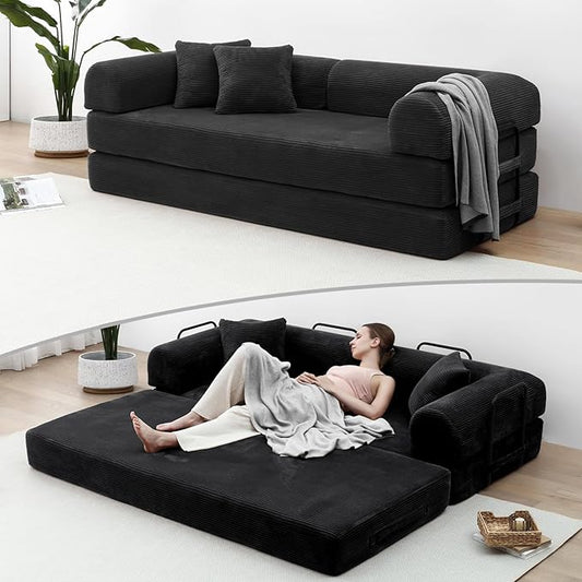 Compression Sofa - 79'' Convertible Sofa Bed, Boneless Couch in a Box, Modular Corduroy Foldable Sleeper Sofa with 2 Pillows, Loveseat Couches for Living Room (Corduroy Fabric, Black)