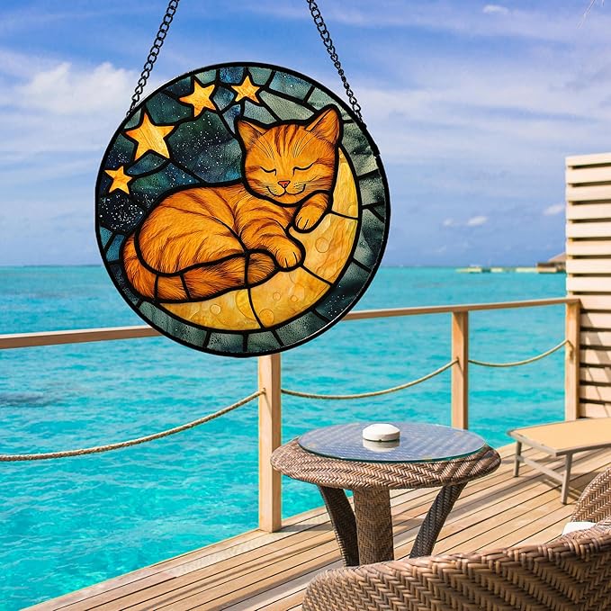Stained Glass Window Hanging - Orange Cat Sun Catcher for Door Home Decor Stars and Moon Suncatcher Christmas Mother's Day Birthday Loss of a Pet Gifts for Women Men Mom Nana 15 in