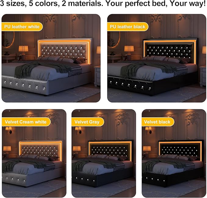 Full Led Bed Frame with 4 Storage Drawers, Bed Frame with Led Lights No Box Spring Needed, 900 lbs Capacity, Easy Assembly, PU White