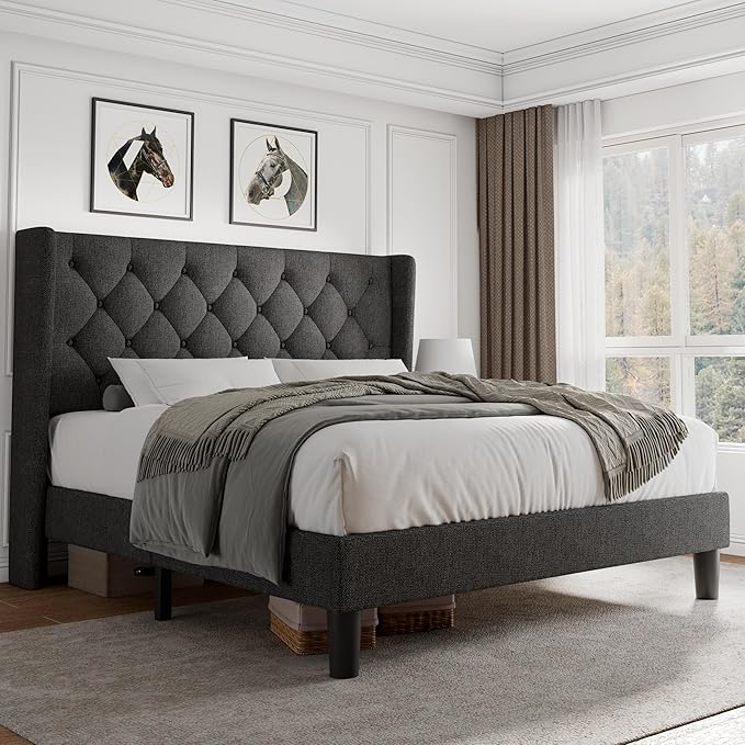 iPormis Full Size Platform Bed Frame with Button Tufted Headboard, Upholstered Bed Frame with Solid Wooden Slats, 8" Underbed Space, No Box Spring Needed, Noise Free, Easy Assembly, Dark Gray