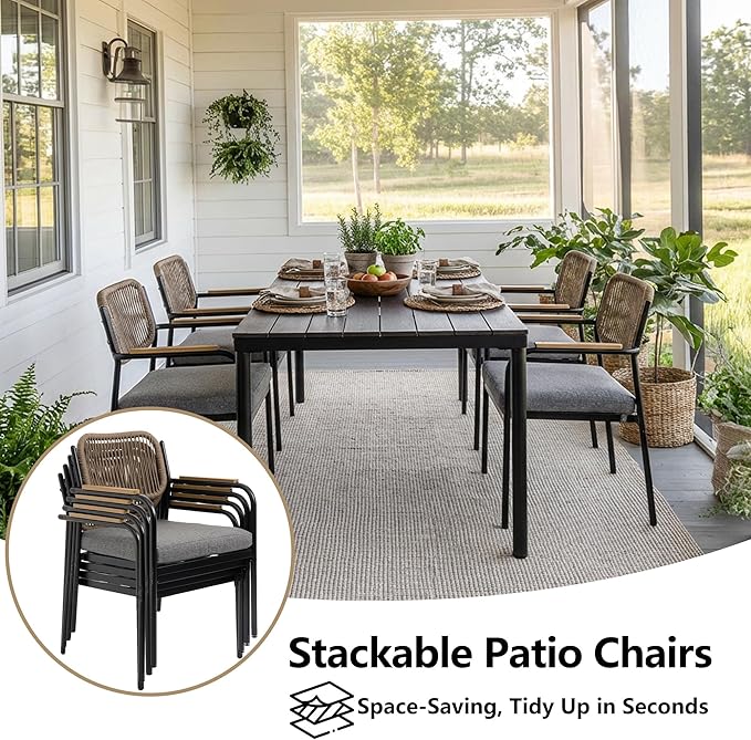 Outdoor Dining Chairs Set of 2, Wicker Patio Dining Chairs with Removable Cushions, Rectangle Patio Table Chair, All Weather Outdoor Chairs, Metal Lawn Chair for Adults/Indoor/Balcony, Gray