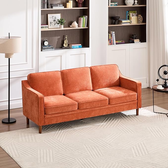 Kingfun 80" Chenille Sofa, 3 Seater Couch, Mid Century Modern Couches with Solid Wood Frame for Living Room & Bedroom, Orange