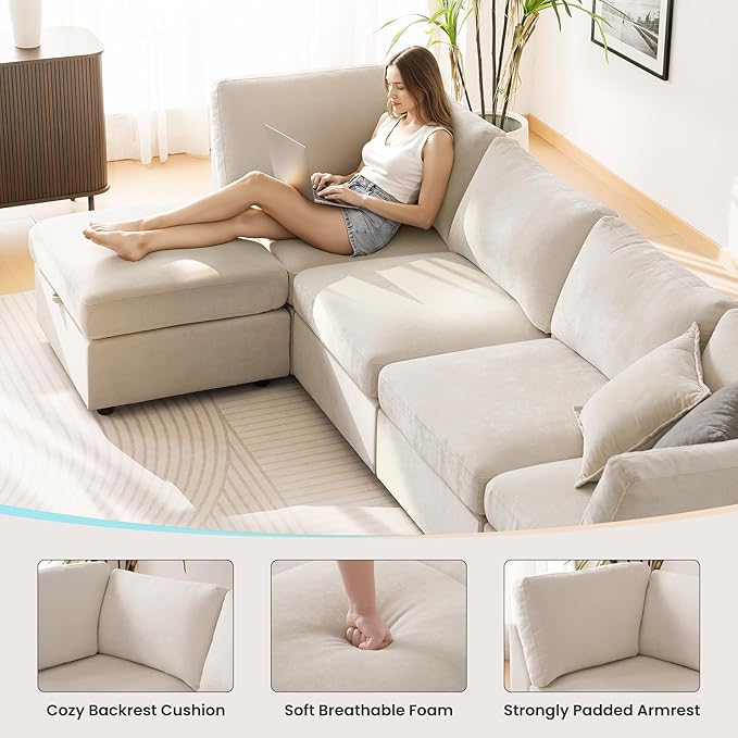 TEKAMON 96" Modular Sectional Sofa with Ottoman,Large Comfy Cloud 3-Seat Deep Seat,Reversible Chaise Modular Sectional Couches for Living Room and Apartmenr,Beige