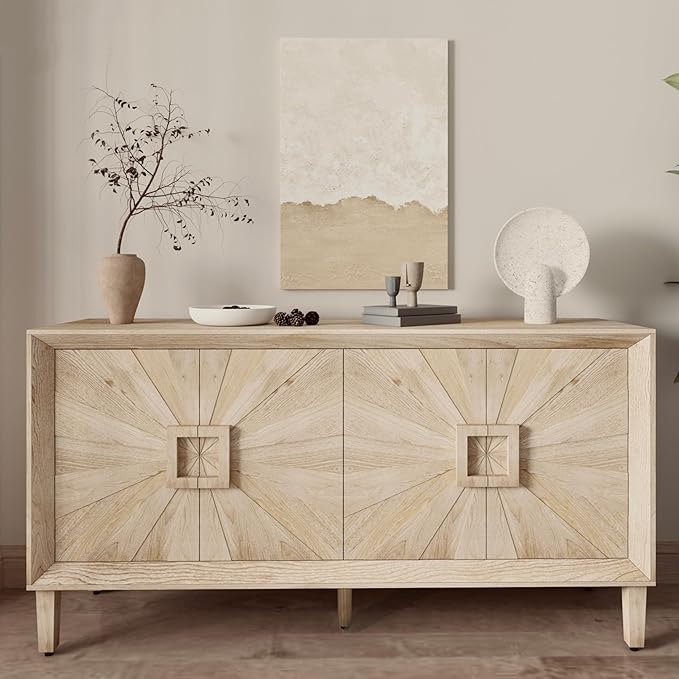 60'' Rustic Large Sideboard with 4 Doors and Adjustable Shelves, Heavy-Duty Antique Wood Entryway Console Table TV Stand for Living Room Dining Room (Antique Natural-10.2)
