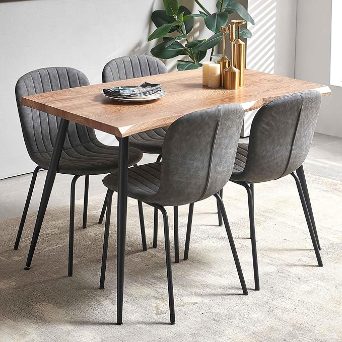 5 Pieces Dining Table Set-Home Kitchen Dining Room Table Set, Solid MDF Dining Table with Irregular Tabletop, 4 PCS Vintage PU Dining Chairs Dark Grey Accent Chairs