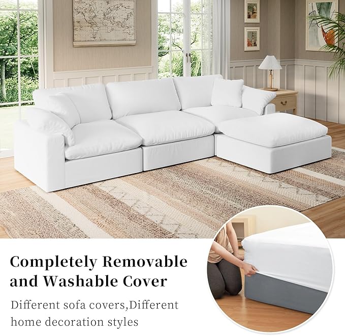 Modular Sectional Sofa Cloud Couch,Down Filled Comfy Cloud Modern Sofa,White Linen L Shape Oversized Couch Cushion Covers Removable Furniture for Living Room