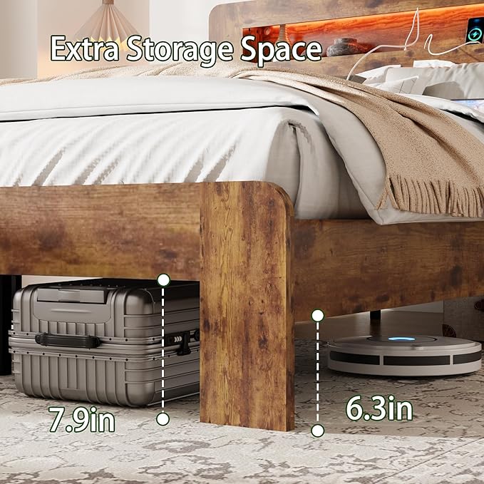 Wood Queen Size Bed Frame with Headboard, Farmhouse Platform Bed Frame with Bookcase Shelf,LED Lights,Charging Station,Heavy Duty Supports,No Box Spring Needed,Dark Brown