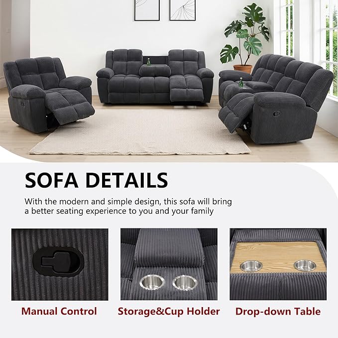 Manual Recliner Sofa Set,Fabric Reclining Couch Set,Modern Living Room Furniture Set,Reclining Sofa Couch Chair for Living Room Home Office (Dark Grey Upgraded Version, 3PCS Set)