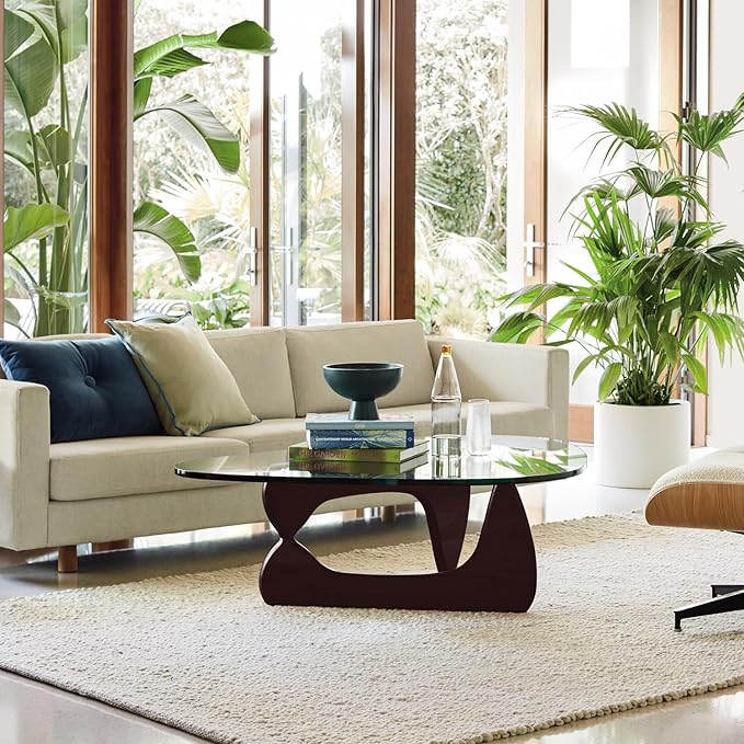 Noguchi Table Triangle Glass Coffee Table Vintage Glass End Table, Solid Wood Base and Triangle Clear Glass Top Modern End Table for Living Room, Patio, Study, Dark Walnut