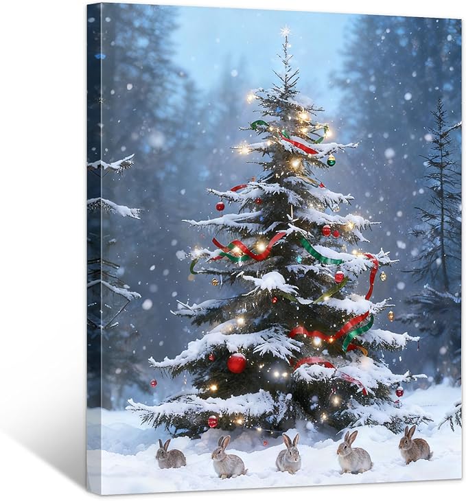 Framed Christmas Pictures Wall Decor,Vintage Pine Tree Prints,Winter Christmas Canvas Wall Art Decoration for Bedroom Bathroom Living Room Rustic Xmas Holiday Gifts (Christmas Tree 17, 20'' X 32'')