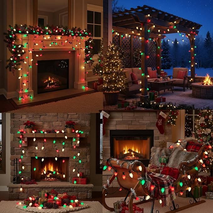 C7 LED Red White and Green Christmas Lights,25ft Vintage Ceramic Christmas String Light with 27 Multicolor LED Bulbs(2 Spare),Outdoor Hanging Lights for Garden House Xmas Garland Tree Decor